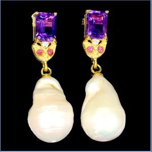 Octagon Amethyst 8x6mm Ruby Pearl Cz 925 S.Silver 14k Yellow Gold Earrings
